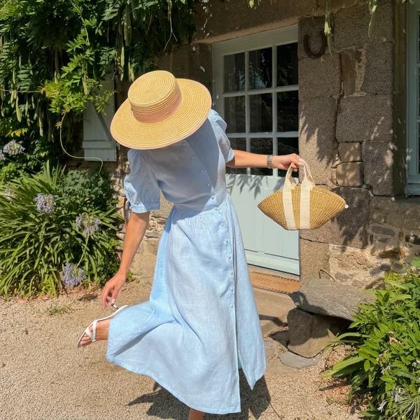 Sky Blue Button-Front Linen Midi