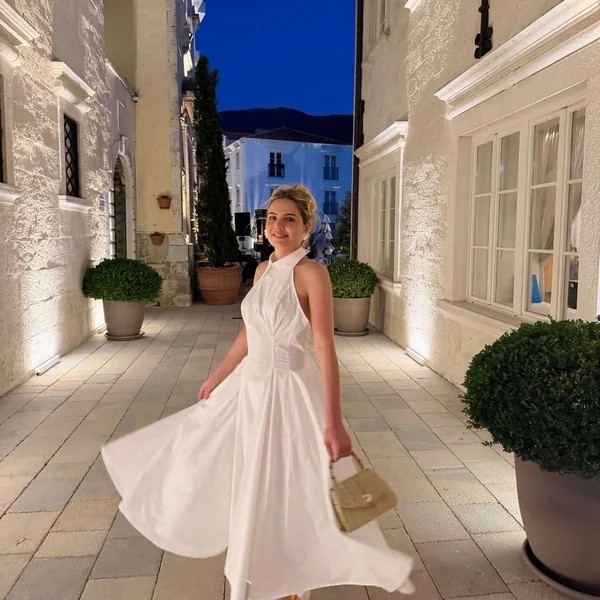 High-Neck White Flare Maxi Dress