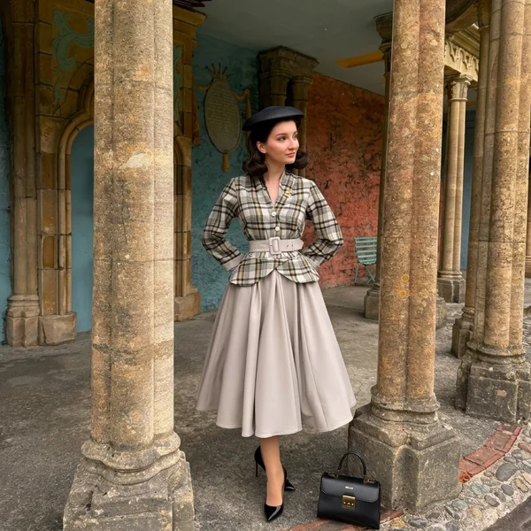 Plaid Peplum Jacket with Pleated Midi Skirt