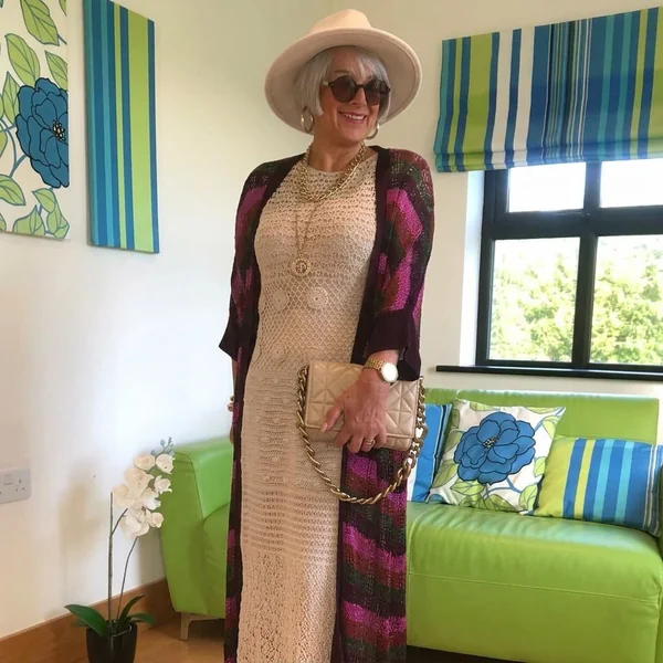 Cream Fitted Crochet Maxi Dress with Patterned Cardigan