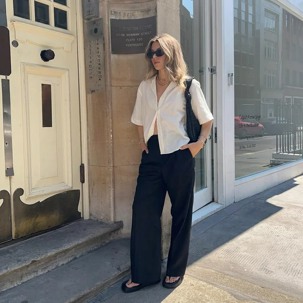 White Short-Sleeve Shirt & Black Wide-Leg Trousers