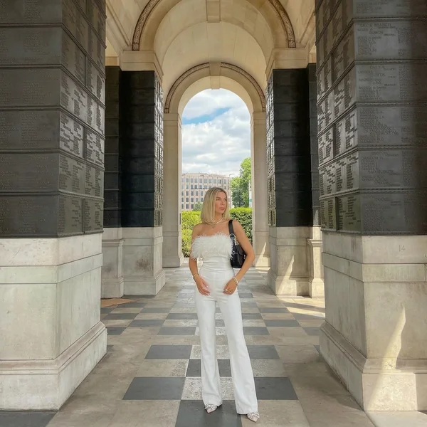 Feather-Trimmed White Strapless Jumpsuit
