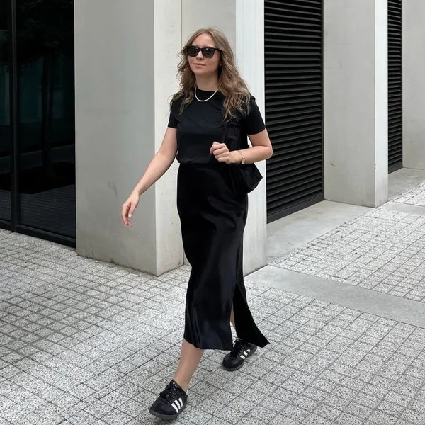 All-Black Satin Midi Skirt with Black Sambas