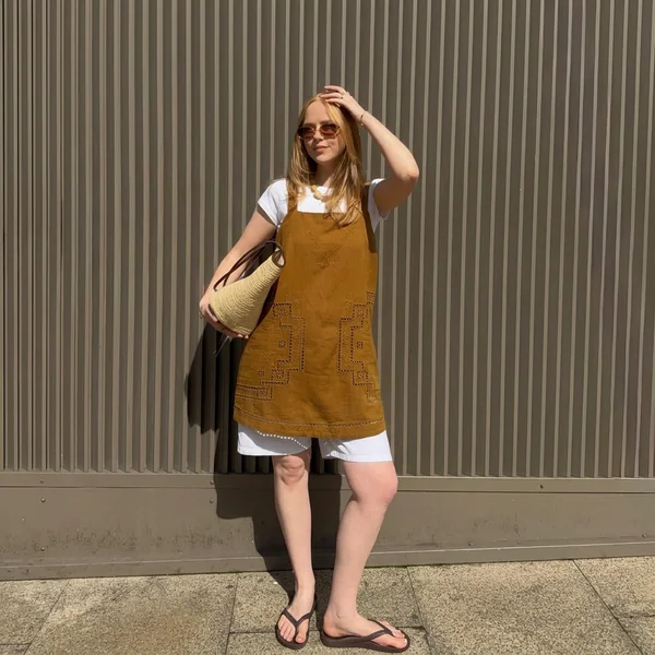 Embroidered Ochre Pinafore over White Tee