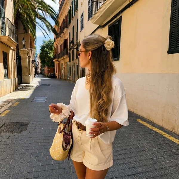 White Tee and Cream Tailored Shorts