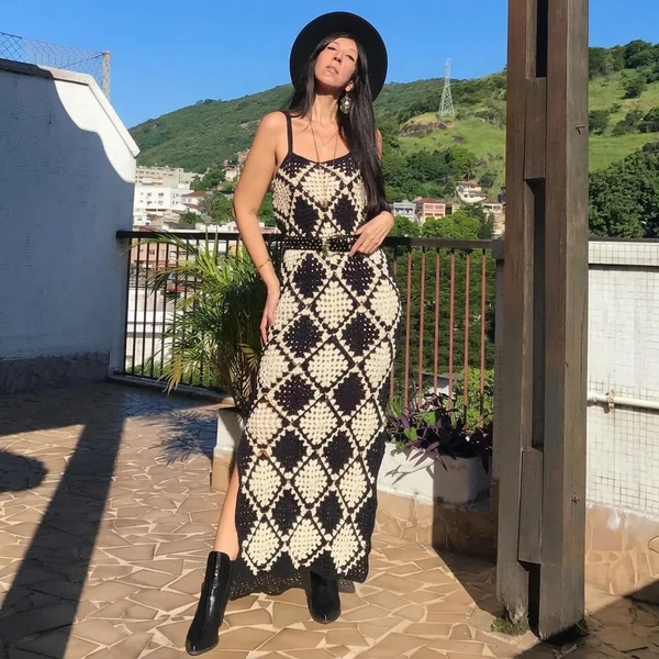 Black and Cream Diamond Crochet Maxi Dress
