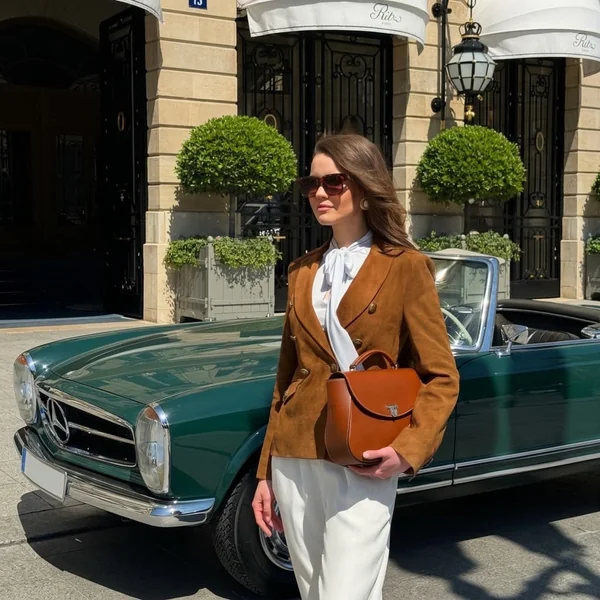 Suede Blazer and Pussy-Bow Blouse Ensemble