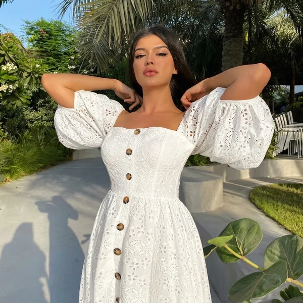 Puff-Sleeve White Eyelet Midi Dress