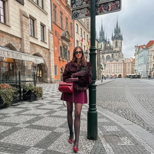 Burgundy Faux-Fur Jacket and Mini Skirt