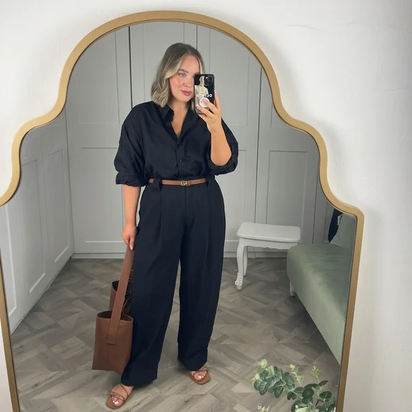 All-Black Button-Down & Wide-Leg Trousers