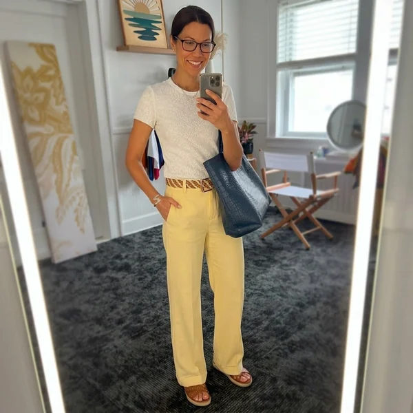 White Lace Tee with Pastel Yellow Wide-Leg Trousers