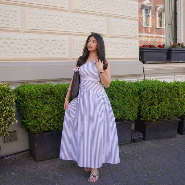 One-Shoulder Lilac Striped Cutout Maxi