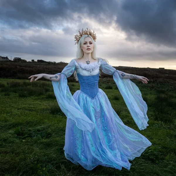 Iridescent Blue Bell-Sleeve Gown