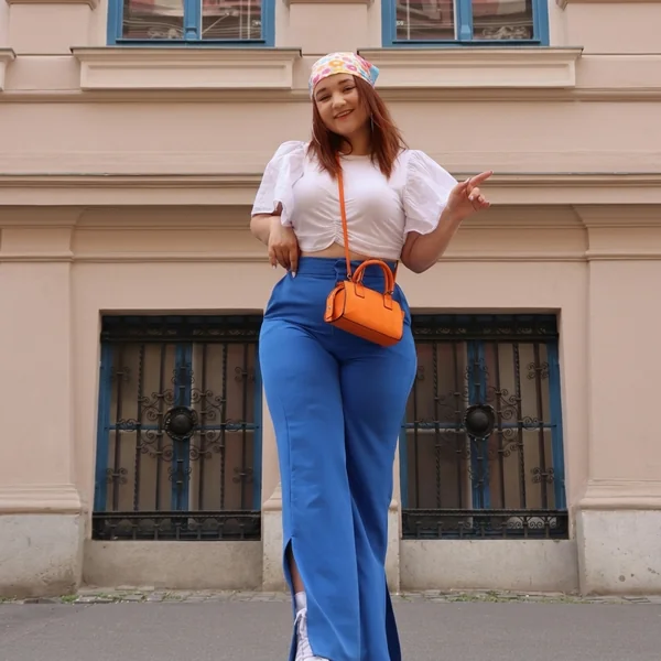 Floral Bandana with Puff-Sleeve Top and Royal Blue Trousers