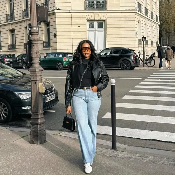 Cropped Leather Biker Jacket and Wide-Leg Jeans with Sambas