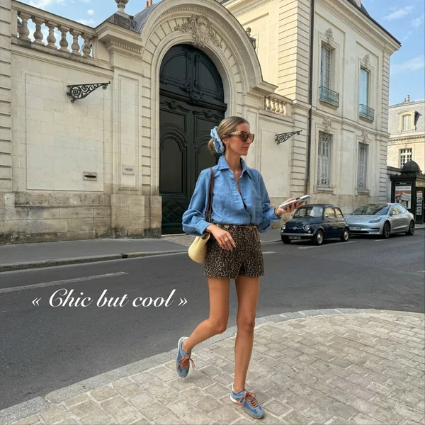 Blue Linen Shirt and Leopard Print Shorts