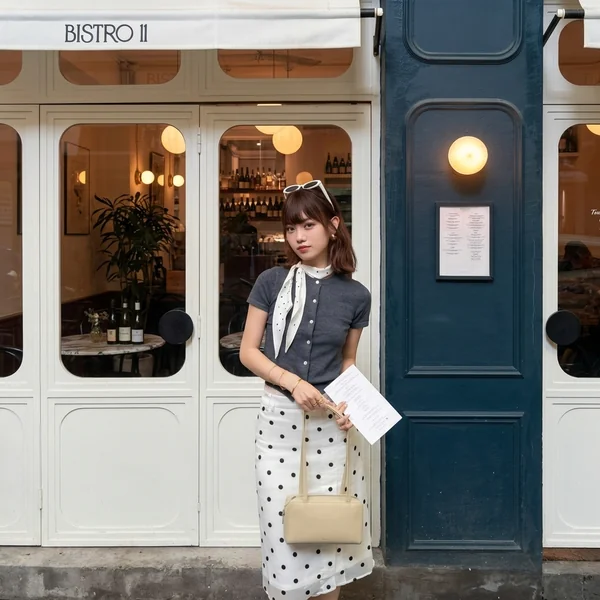 Charcoal Knit Cardigan with Polka Dot Midi Skirt