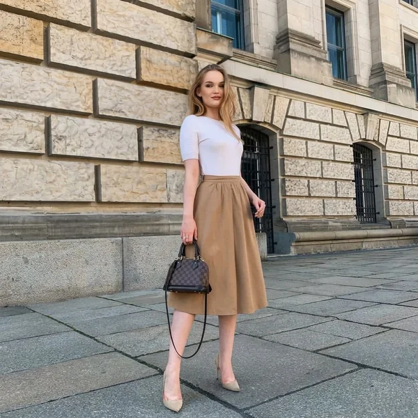 White Short-Sleeve Top and Beige A-Line Midi Skirt