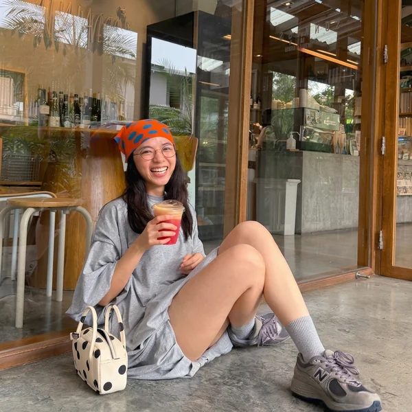 Bright Orange Polka-Dot Bandana with Grey T-Shirt Dress