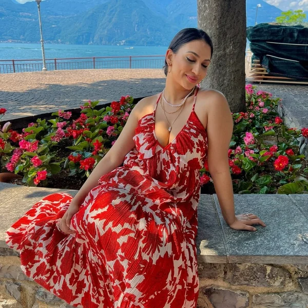 Red Floral Pleated Halter Maxi Dress