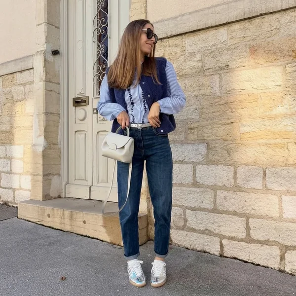 Blue Striped Shirt and Fleece Vest with Silver Sambas