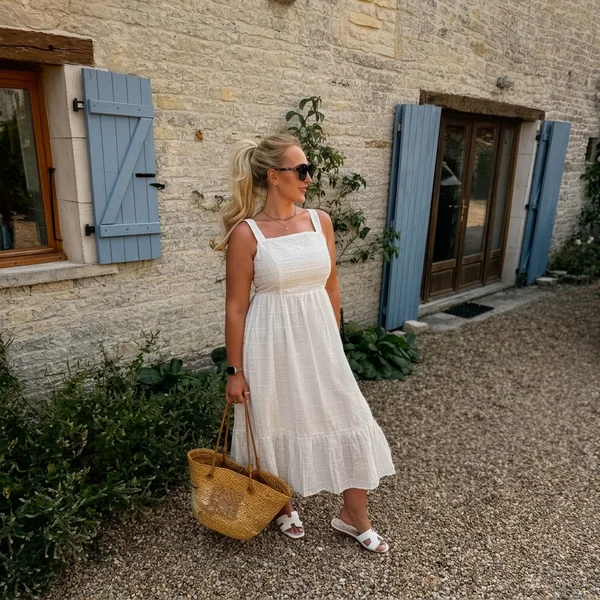 White Cotton Eyelet Tiered Midi Dress