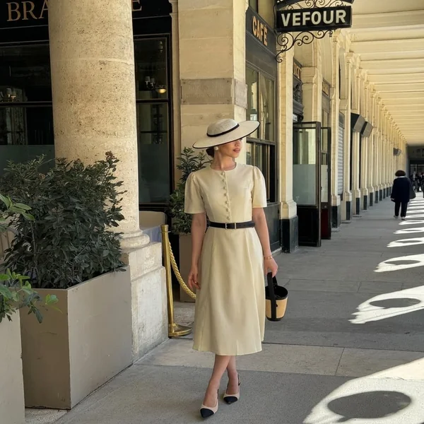Cream Button-Front Linen Midi Dress