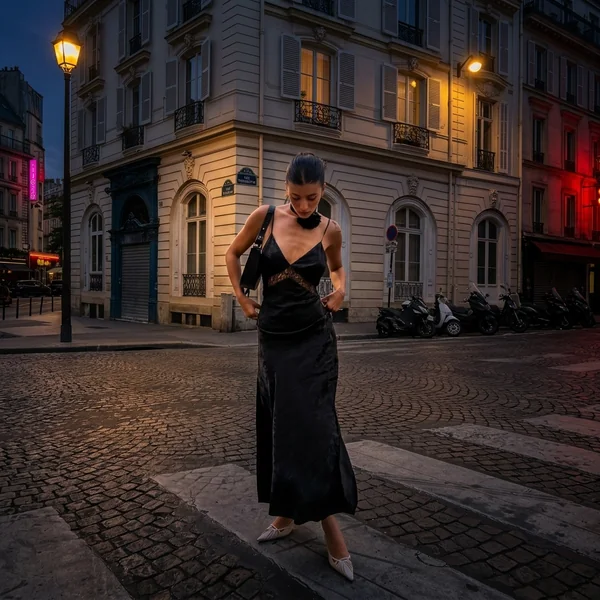 Black Lace-Trimmed Satin Slip Dress