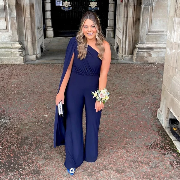 Navy One-Shoulder Cape Jumpsuit