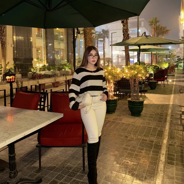 Black and White Striped Sweater with White Slim Trousers