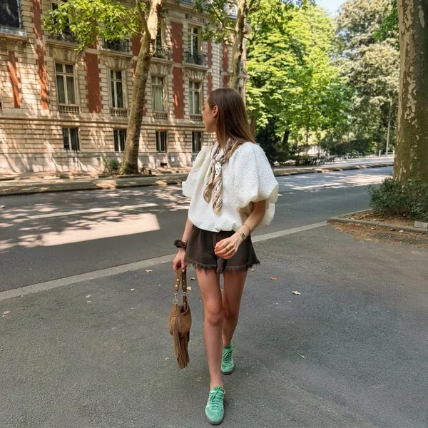 Textured Puff-Sleeve Top and Fringed Shorts with Green Sambas