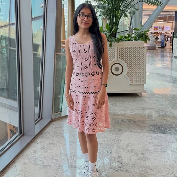 Pastel Pink Floral Perforated A-Line Crochet Dress
