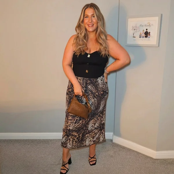 Black Strapless Top with Leopard Print Midi Skirt