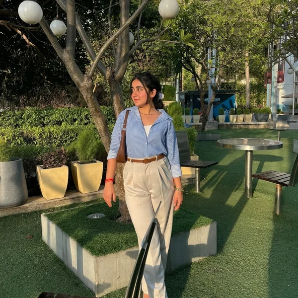 Striped Button-Down & Tailored Beige Trousers