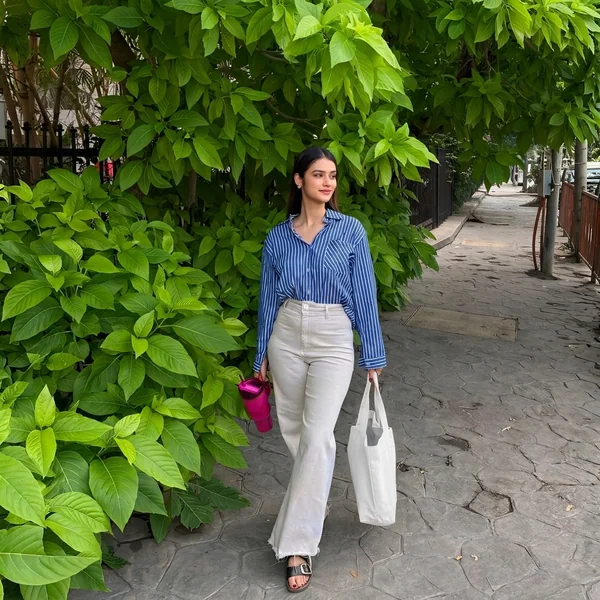 Blue Striped Button-Down with Off-White Wide-Leg Pants