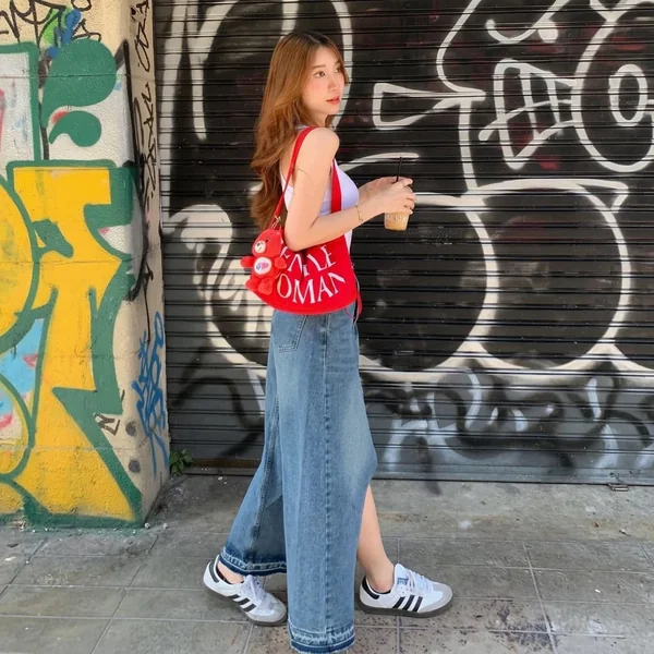 Denim Maxi Skirt with White Sambas