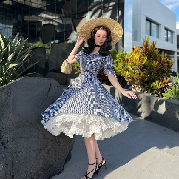 Gingham Sailor Collar Dress with Petticoat