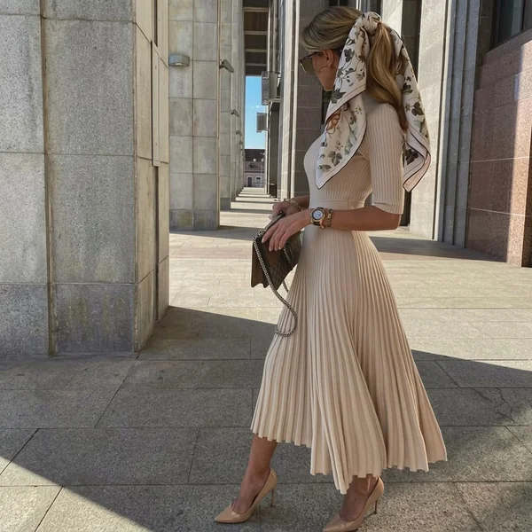 Cream Pleated Knit Midi Dress