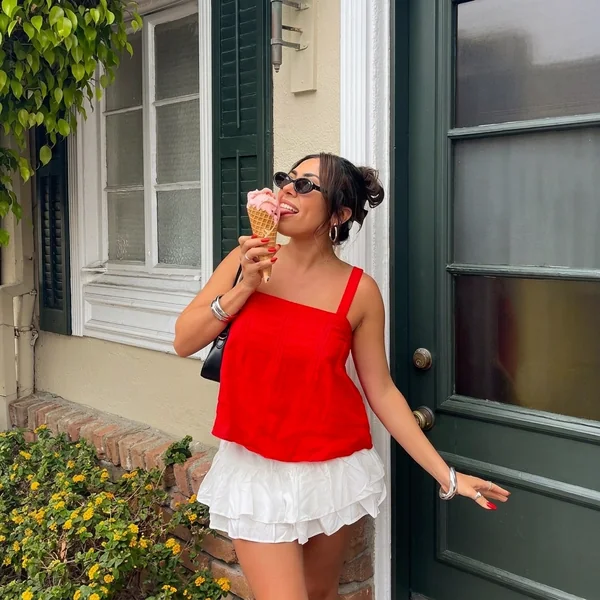Red Tank Top & Tiered White Mini Skirt