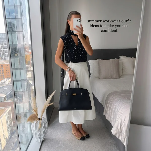 Polka Dot Tie-Neck Blouse & White Midi Skirt