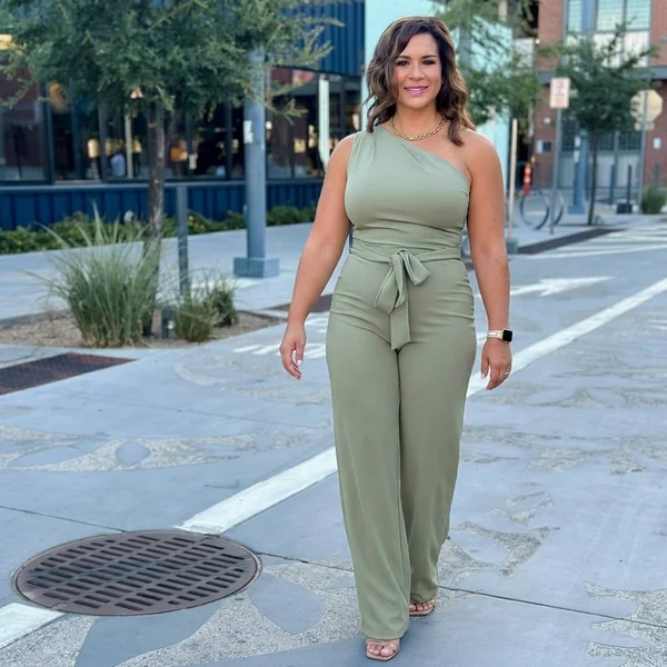 Olive Green One-Shoulder Belted Jumpsuit
