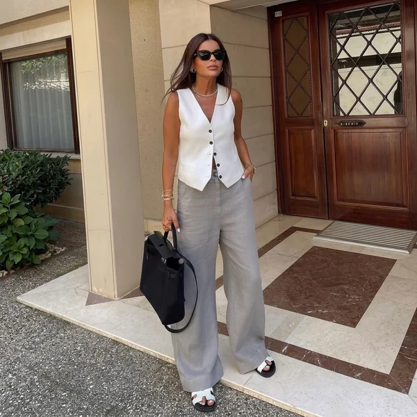White Tailored Vest with Wide-Leg Grey Linen Trousers