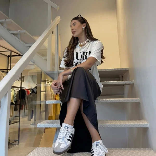 Graphic Tee and Black Satin Skirt with Sambas