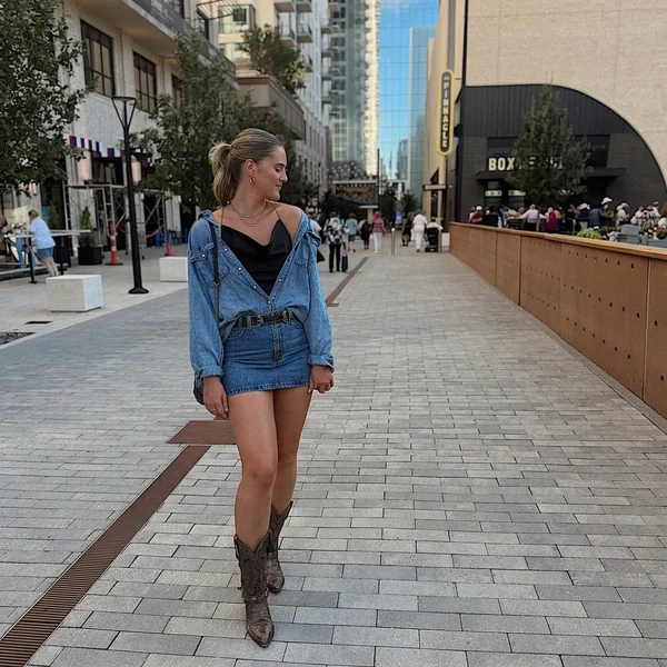 Denim Jacket Set with Satin Cami & Western Boots