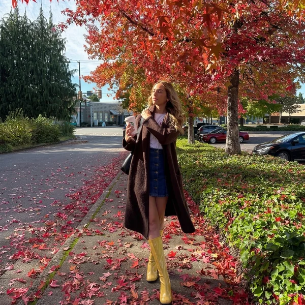 Brown Duster Cardigan with Denim Skirt and Yellow Boots