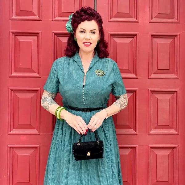 Teal Textured Shirt Dress with Vintage Accessories