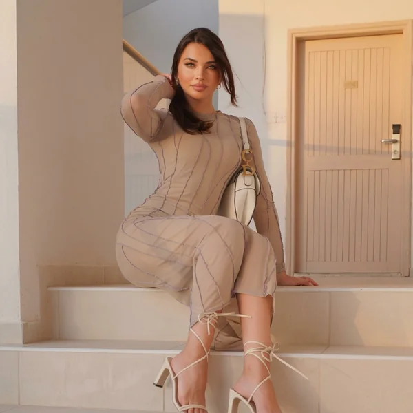 Beige Exposed-Seam Mesh Midi Dress