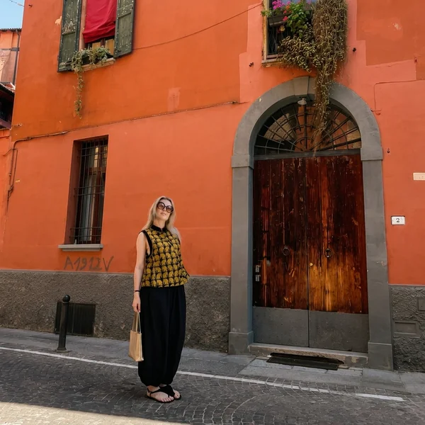 Mustard Printed Vest & Black Harem Trousers