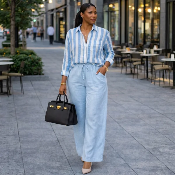 Blue Striped Linen Shirt & Wide-Leg Trousers