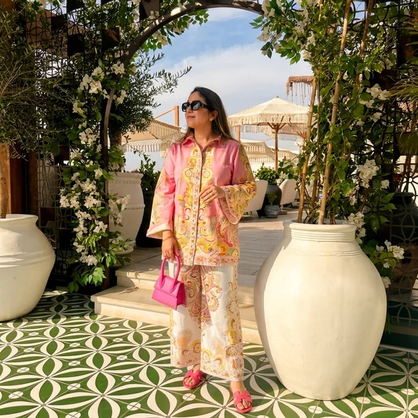 Pink Floral Print Button-Down Shirt and Matching Wide-Leg Pants Set